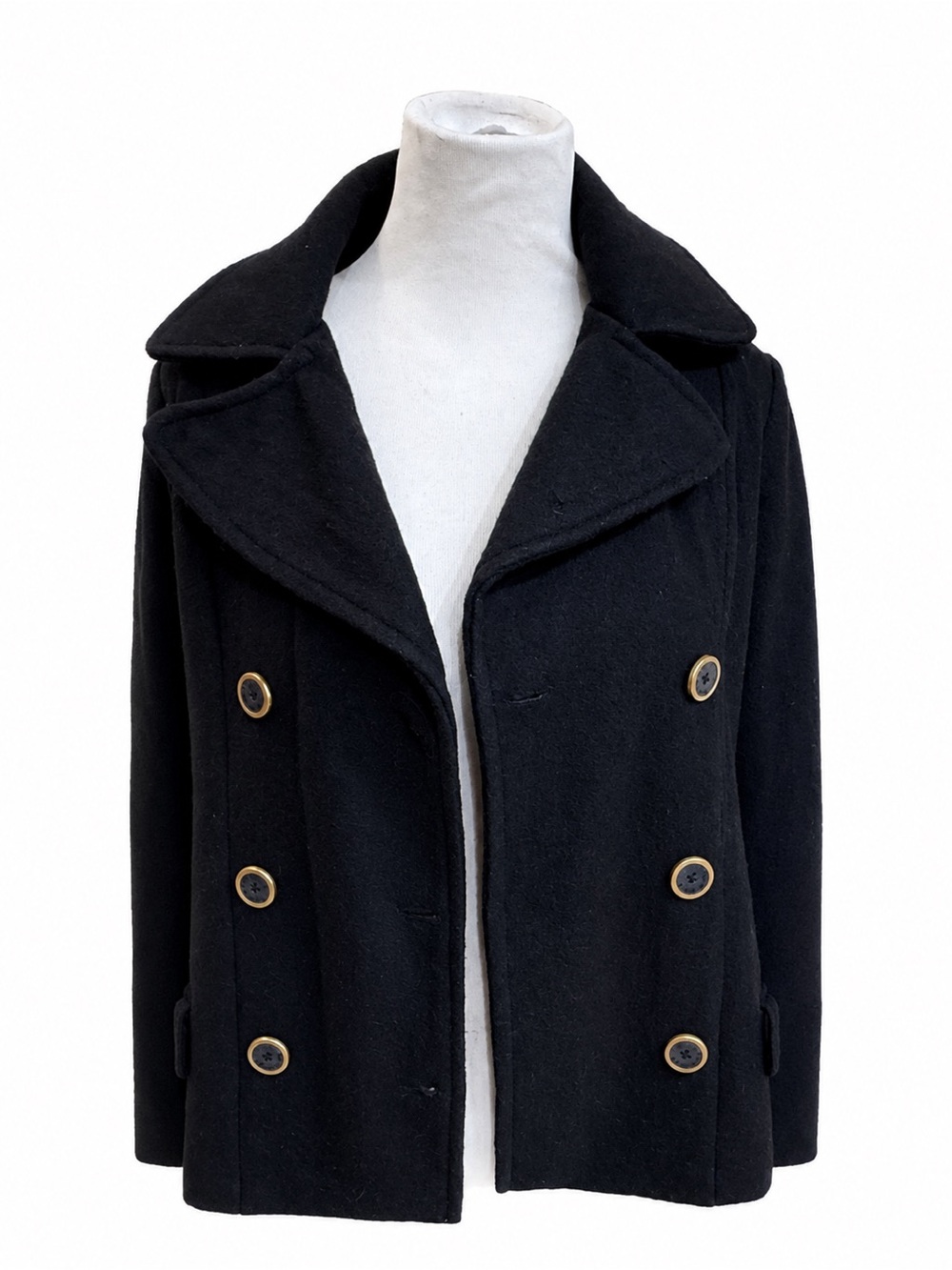 Women’s  Black Double-Breasted Pea Coat with Gold Buttons Size Small